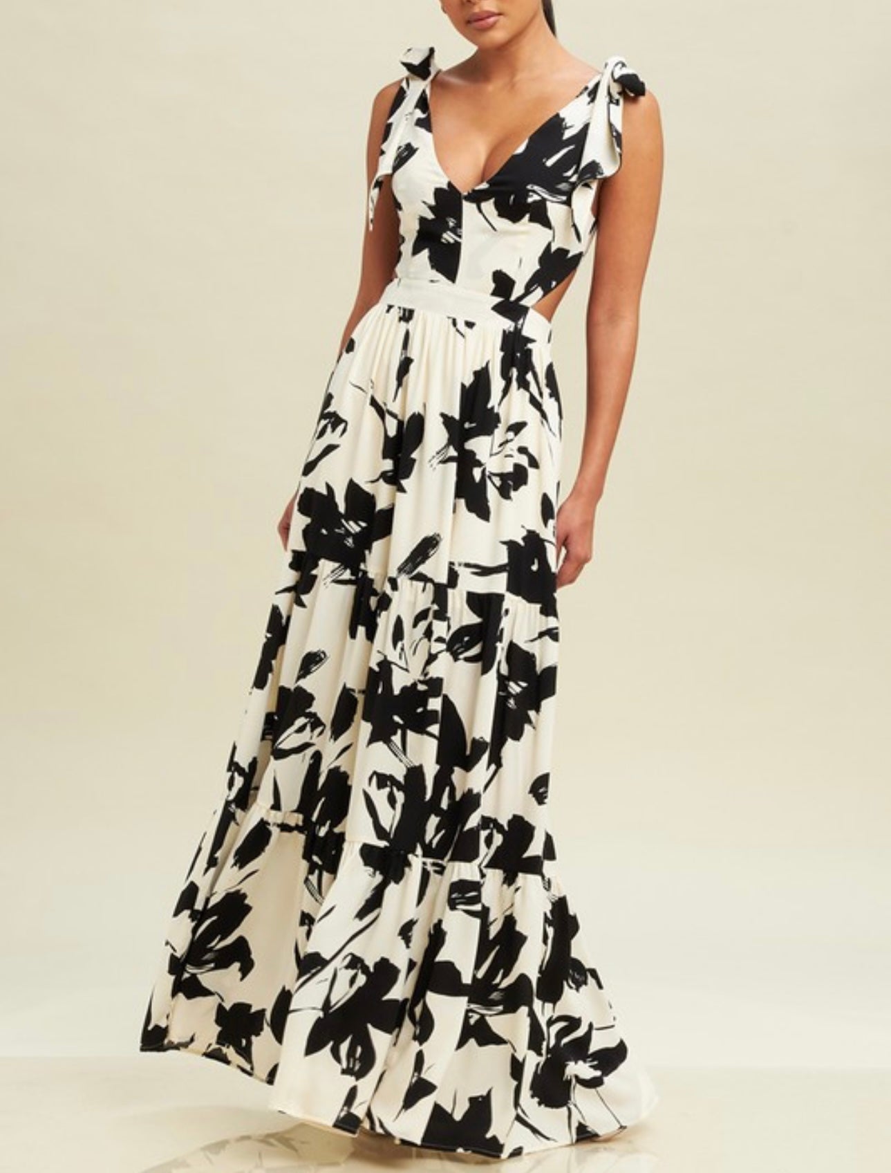 FLORAL TIES MAXI DRESS ( Beige )